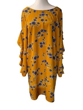 Sugarlips Mustard Floral Long Sleeve Ruffle Shift Dress